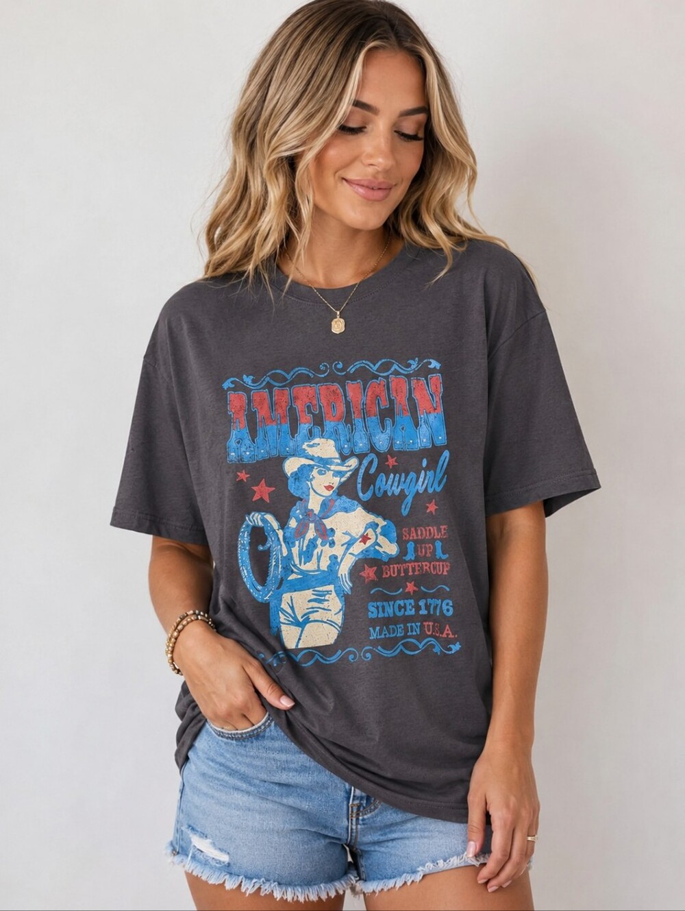 Zutter American Cowgirl Western Graphic Tee Charcoal Gray NWT Style